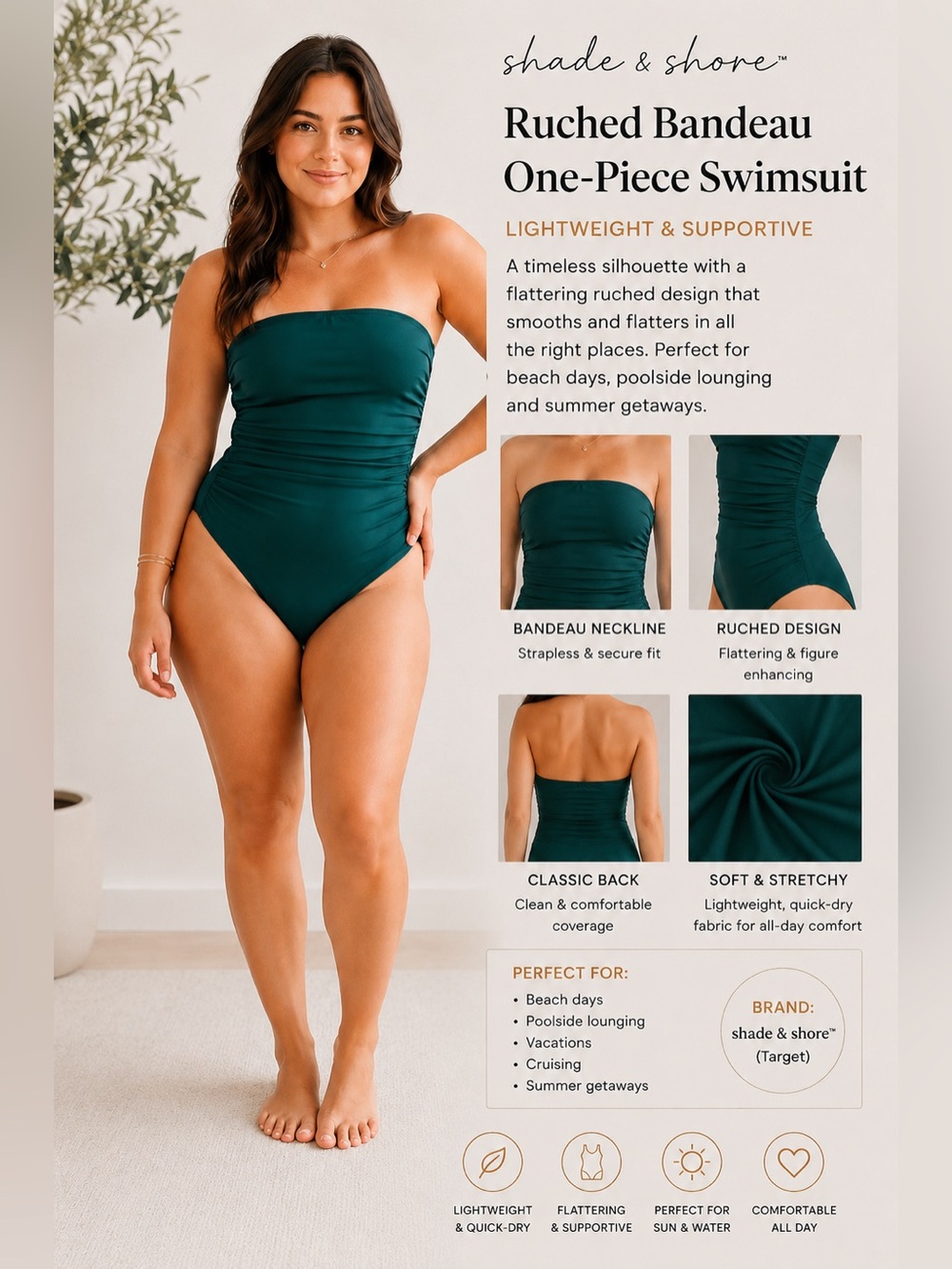 Shade & Shore by Target One Piece Swimsuit – Size Large – Emerald Green